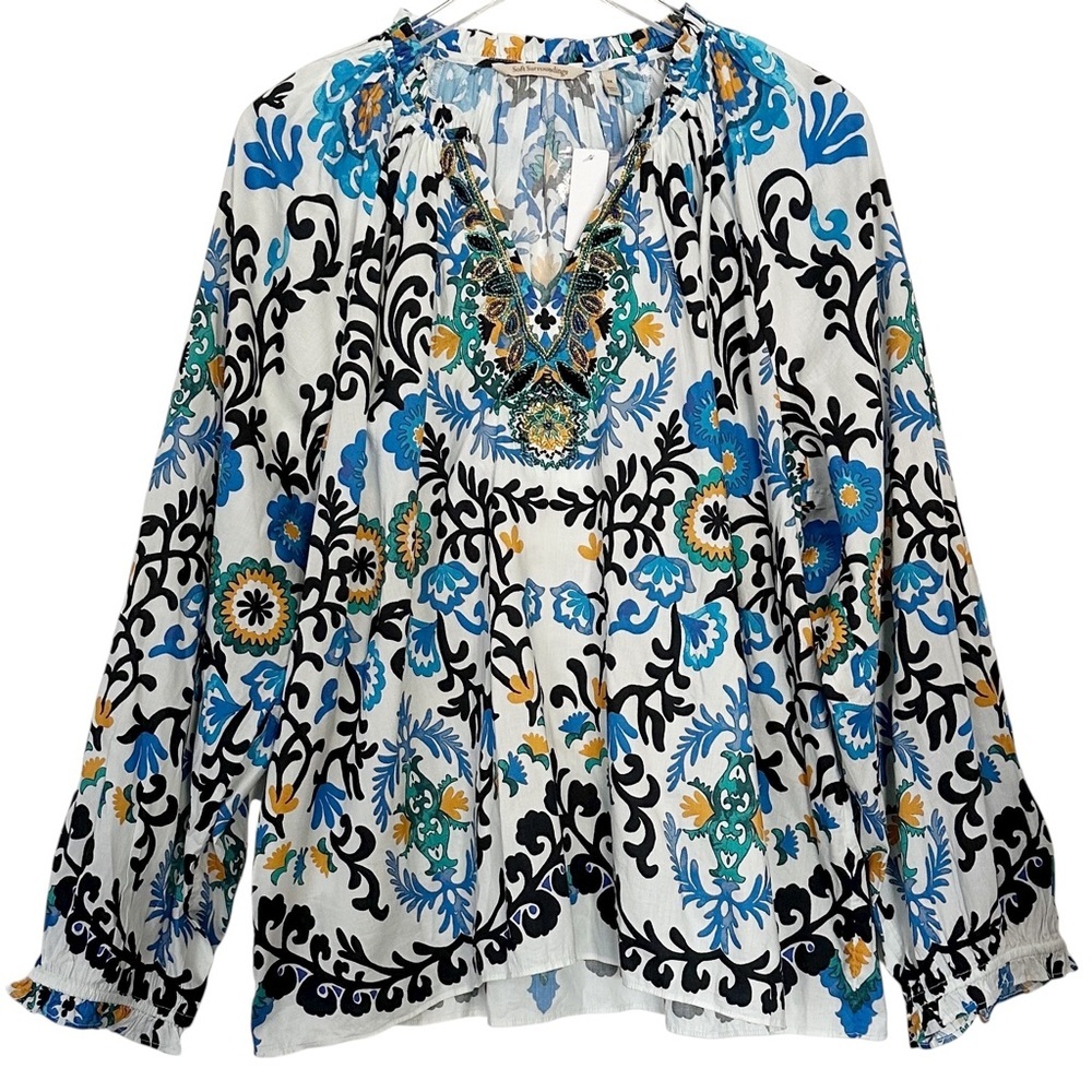 NWT Soft Surroundings Beaded Floral V-Neck Peasant Top Size 2X